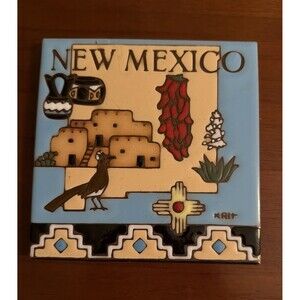 Ceramic Art Tile 6"x6" New Mexico Trivet Cactus Desert Earthtones 1990. AZ Read